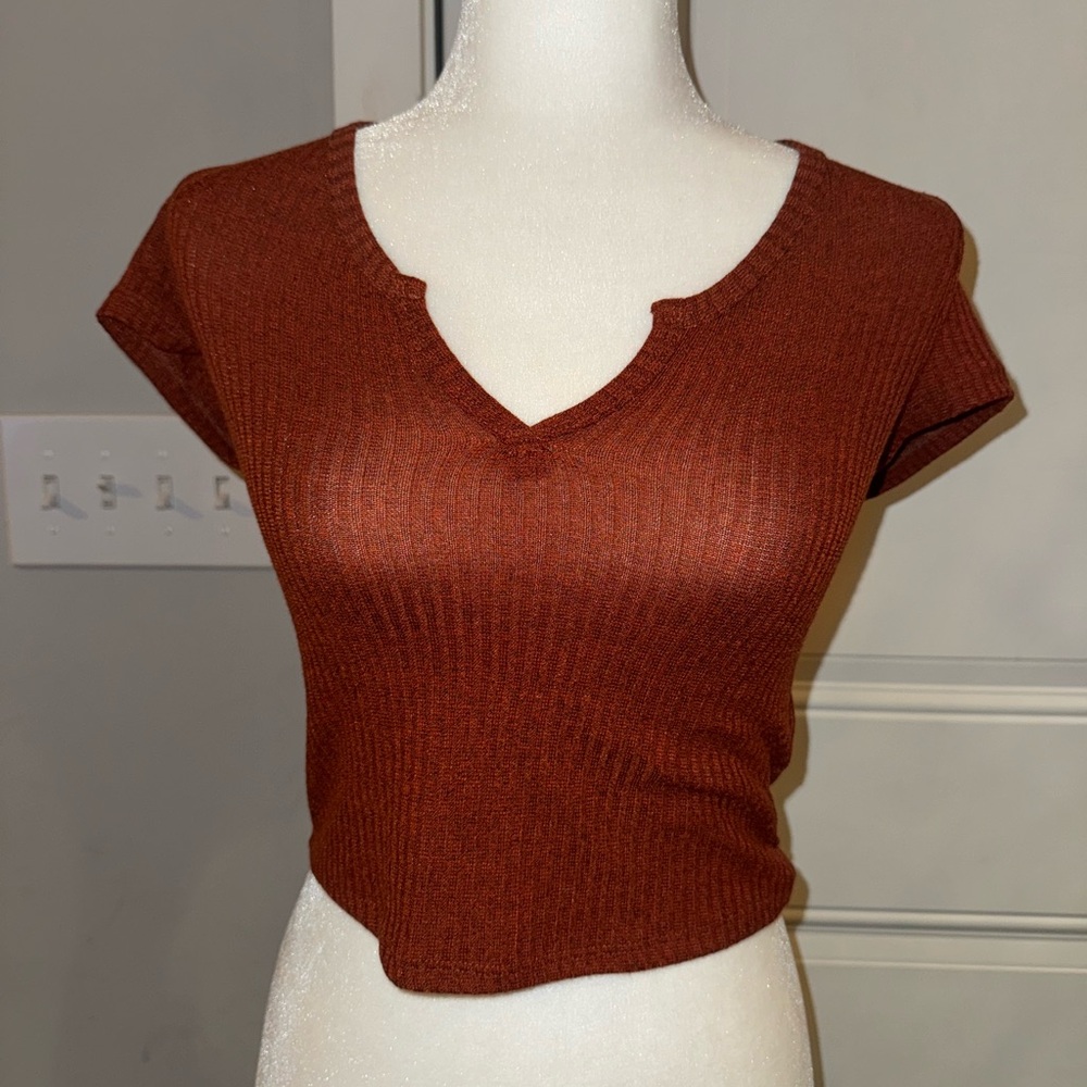 Rustic Brown V-Neck Ribbed Women's Top